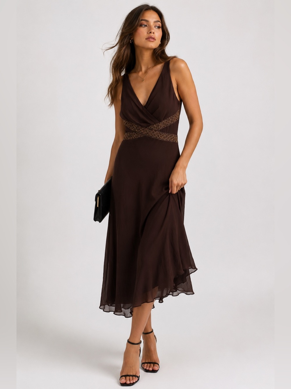Jessica Howard Brown Beaded Chiffon Cocktail Dress | Size 12